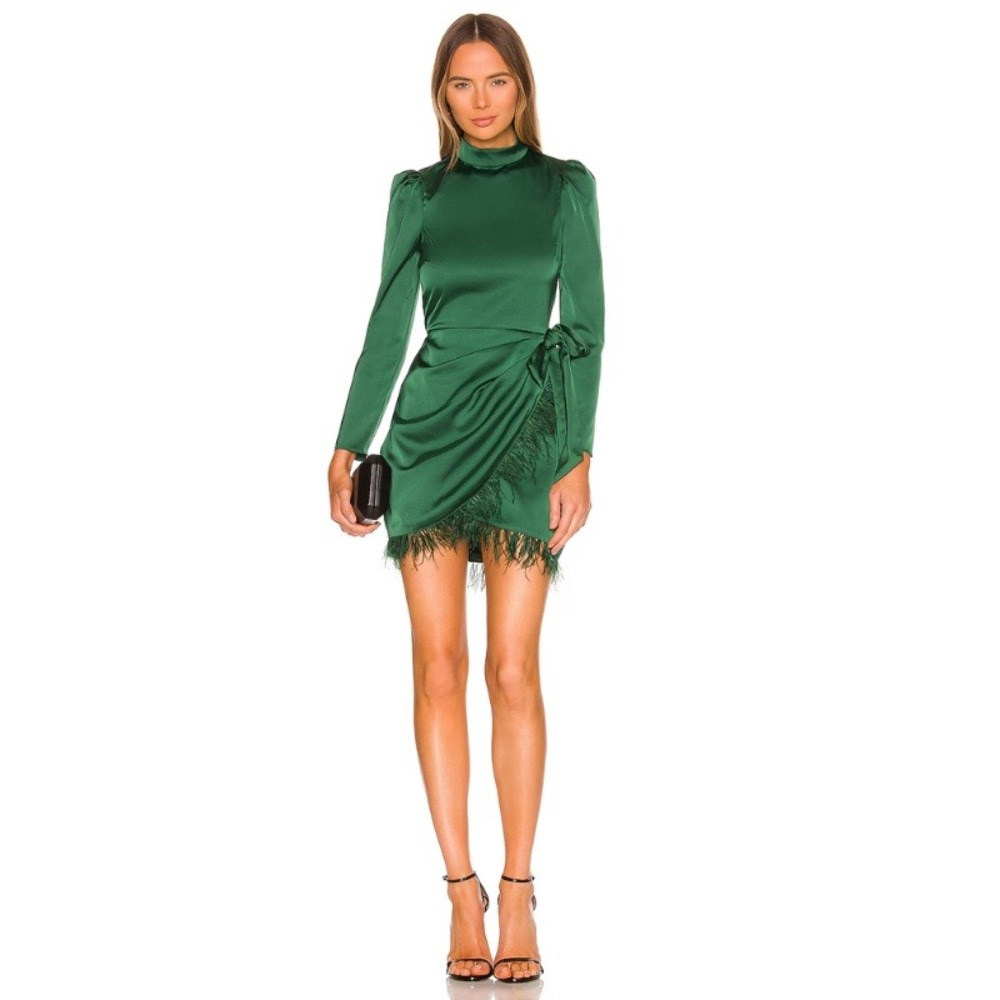 Saylor Quin Green Satin Feather Trim Mock Neck Mini Dress Small NWT